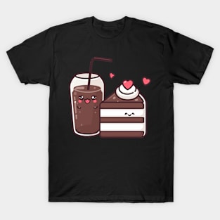 Chocolate Cake and Chocolate Milkshake Couple | Cute Kawaii Couple Design T-Shirt